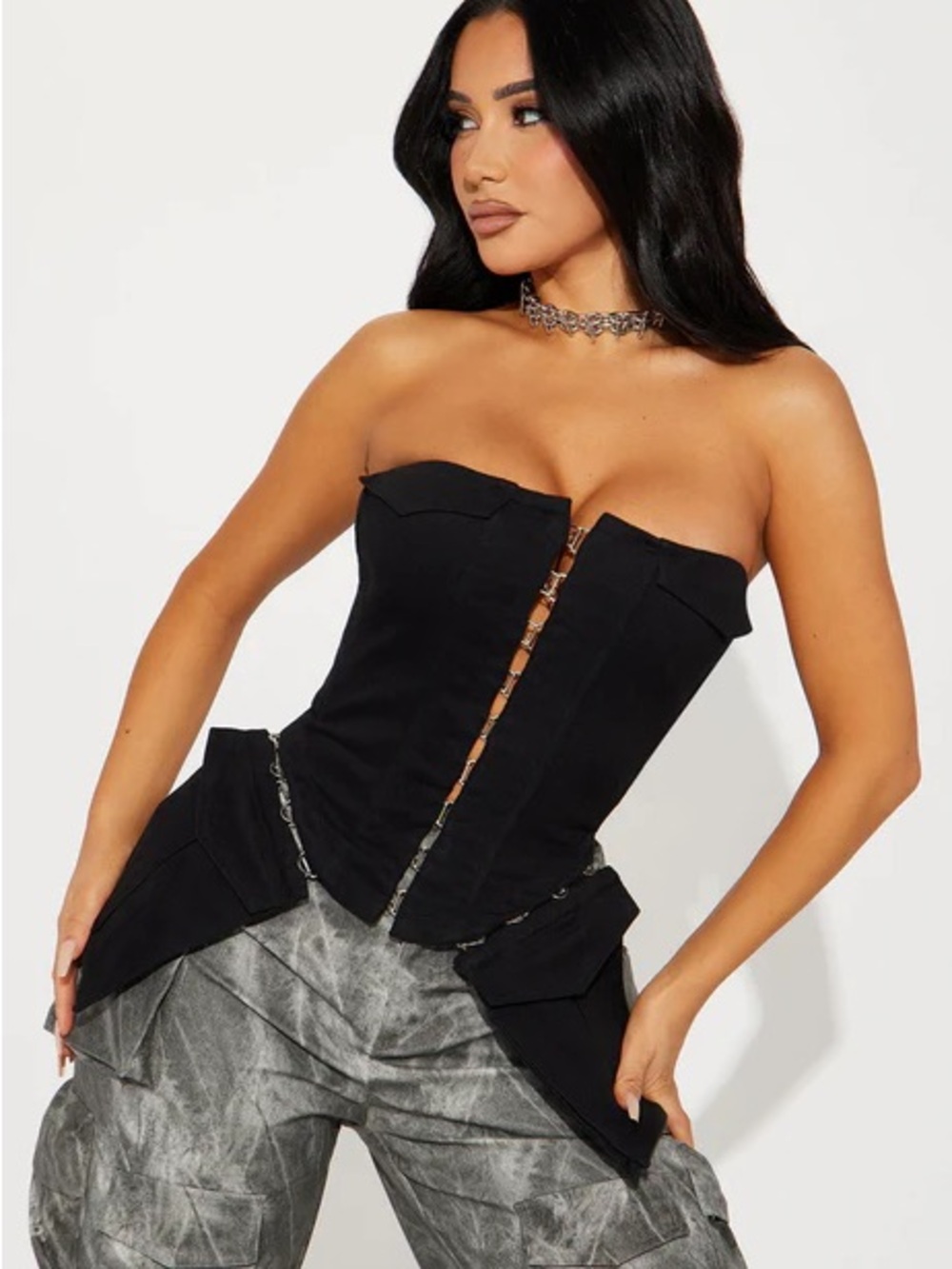 Fashion Nova Black Strapless Corset Bodysuit with Front Chain Detail